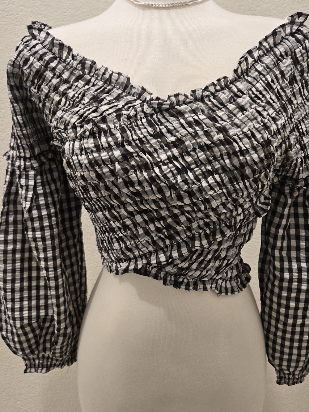 Smocked Off-Shoulder Gingham Crop Top - Black & White
